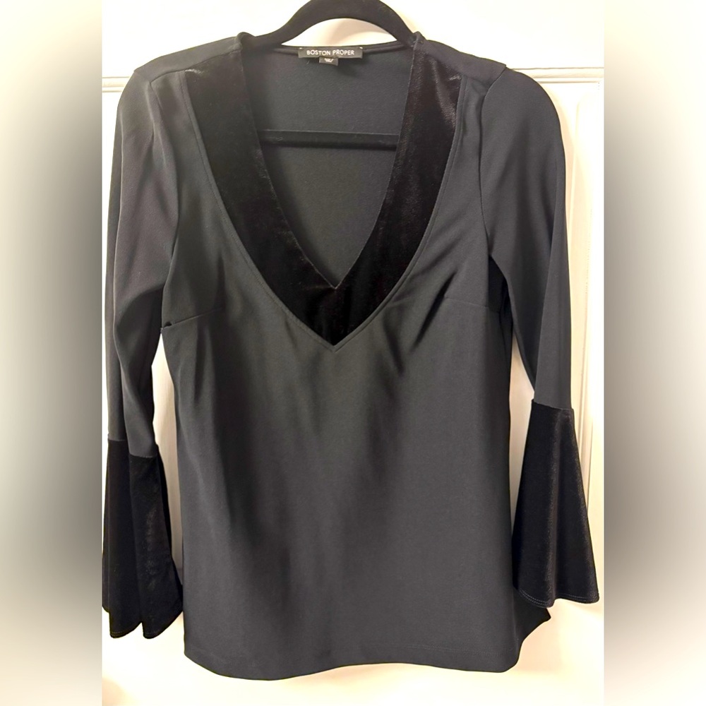 Boston Proper Black Deep V-Neck Blouse with velvet trim S